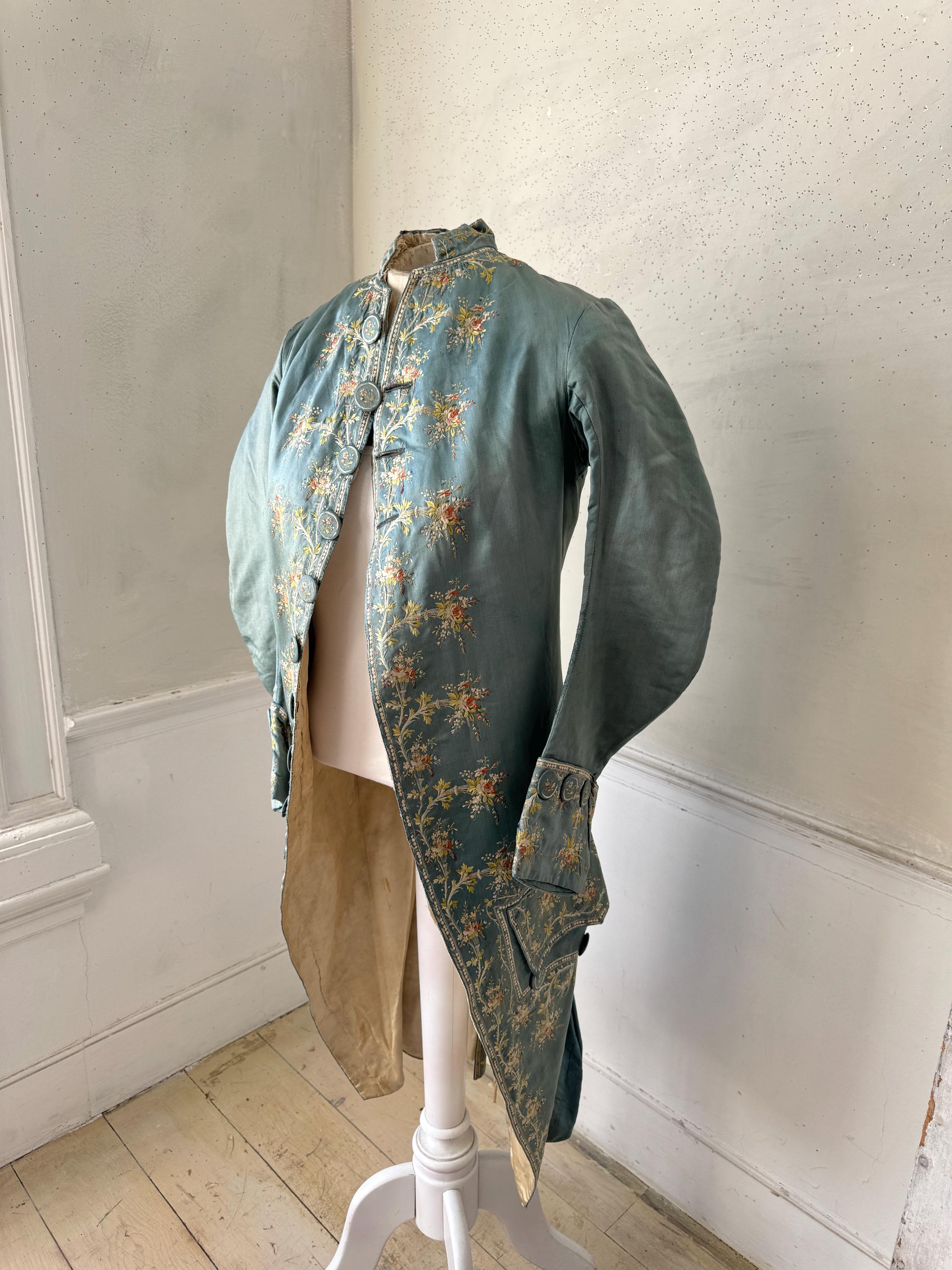 C 1740 18th Century French Long Jacket Coat Silk Embroidered