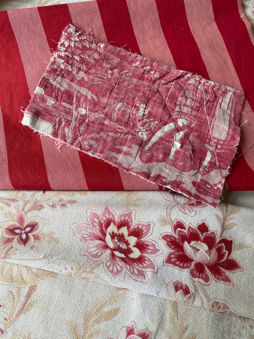 French Fabric Project Bundle Pack Antique 1780s Red Toile 1900 Ticking ...