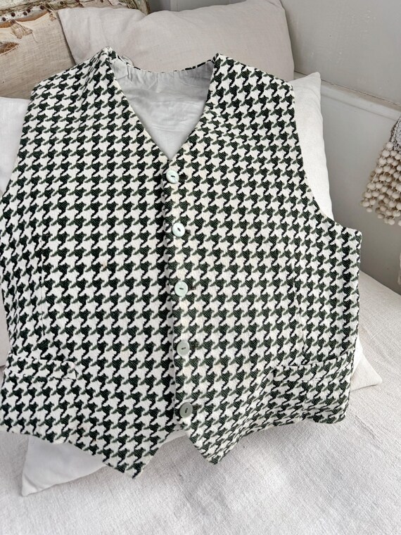 Vintage Wool Cotton Houndstooth Vest 1960’s French Wabi Sabi Tailored Menswear Rustic Home Decor Upcycled Ecofriendly Wall Art tweed View 5