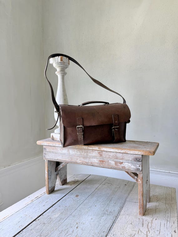c1940 Vintage French Leather Satchel Messenger Bag Boho Shoulder Bag School Bag Postman Bag Brown Leather Wall Art View 3