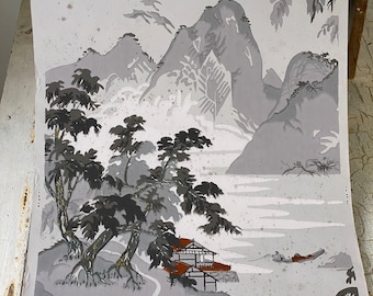 May include: A black and white illustration of a Japanese landscape with mountains, trees, and a small house. The background is a light gray color.
