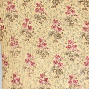 LARGE 1900 antique AMAZING French quilt yellow floral pink flowers hand quilted French country  cottage style The Textile Trunk