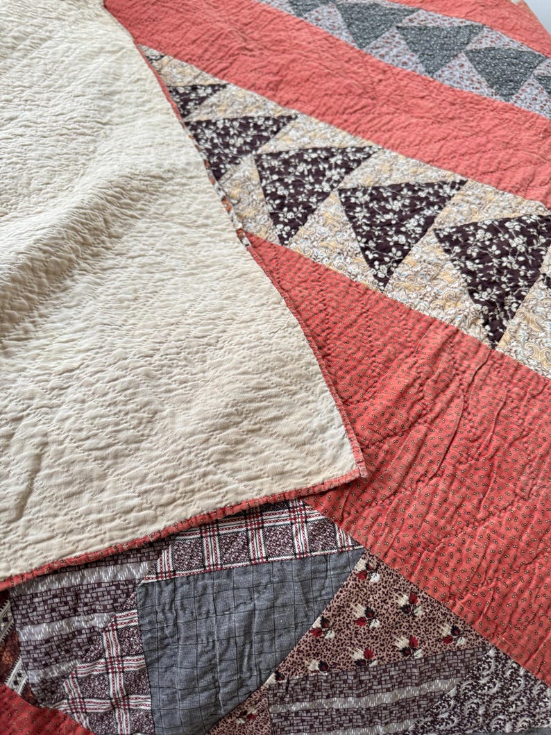 79x75 1850 Antique Flying Geese Patchwork Quilt Autumnal Old Madder ...