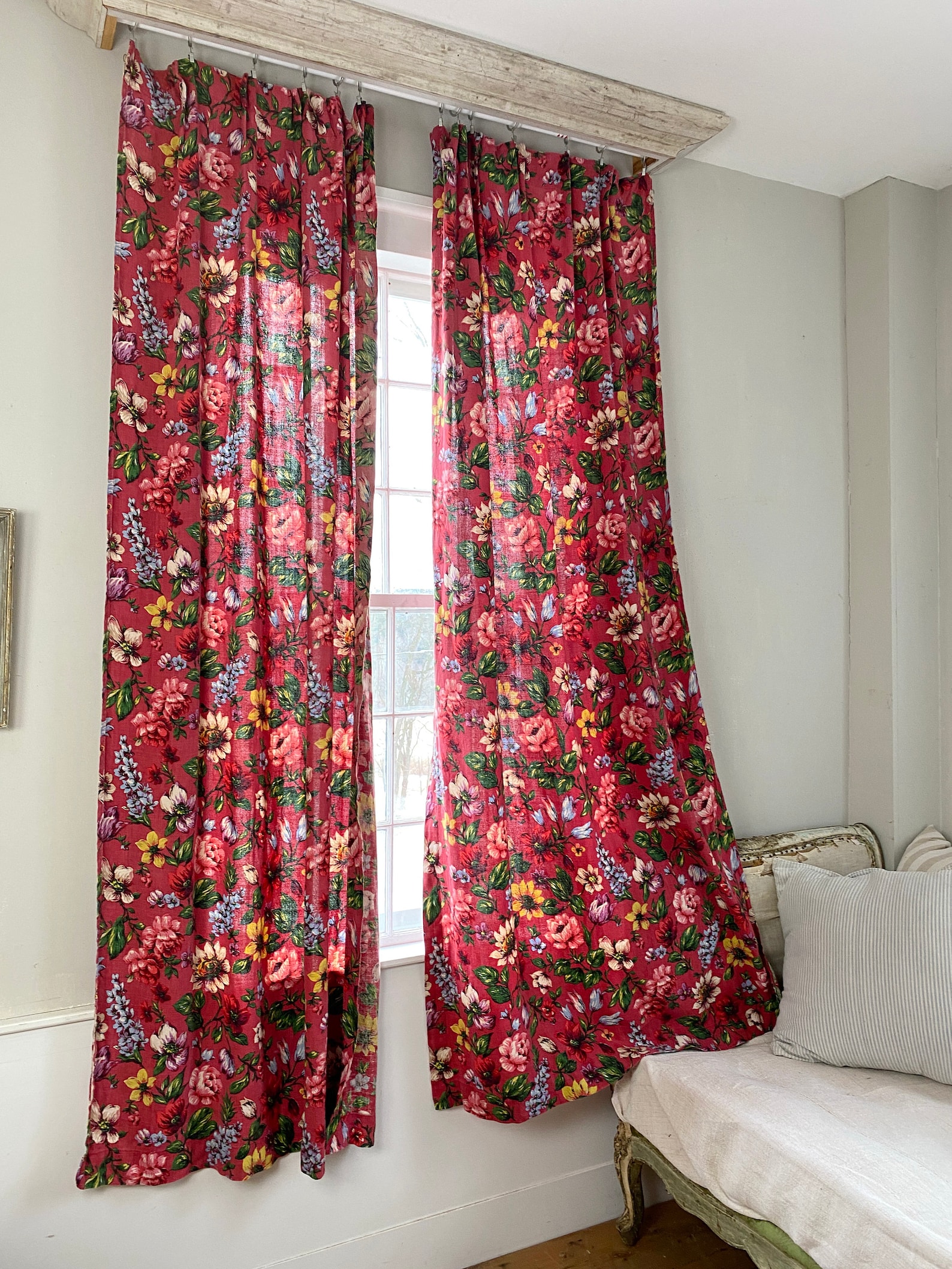 Vintage French Floral LINEN Curtains Curtain Drape Drapes Etsy