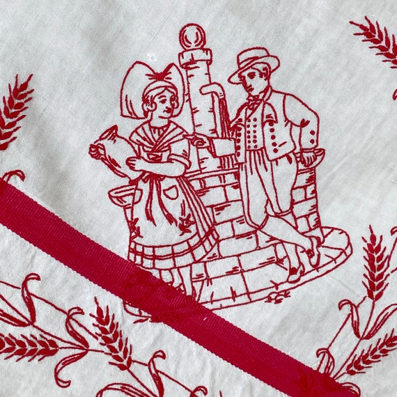 French Vintage 1930's Red Work Embroidery Alsace Alsatian Linen