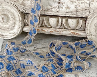 5.9 yards  ( and more available ) Vintage handmade French lace trim ribbon blue Ecru linen