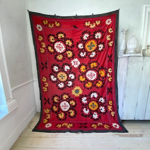 Red Vintage Suzani embroidered textile bed cover textile handmade textile art eco-friendly