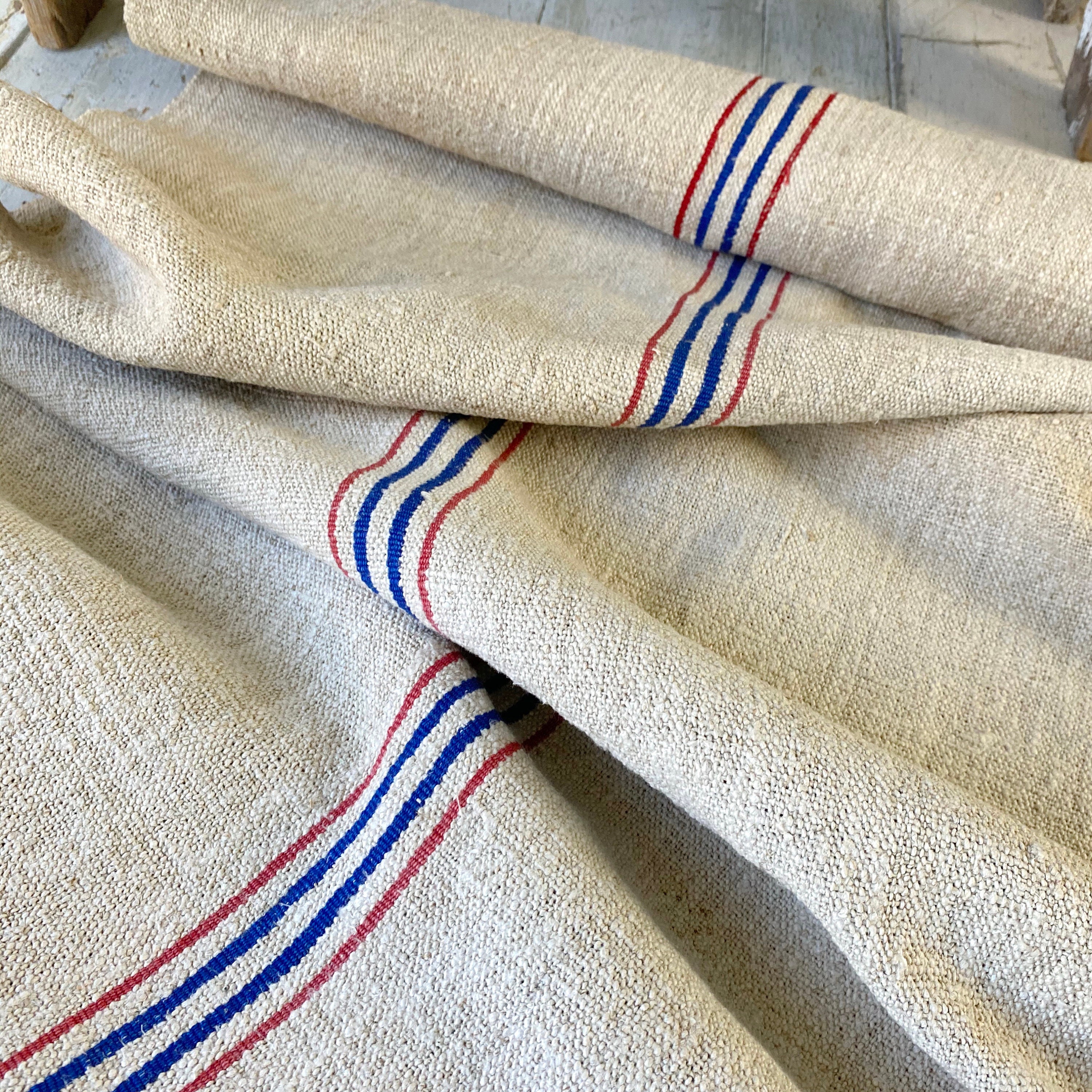 Grain sack Fabric Antique homespun linen yardage red and blue