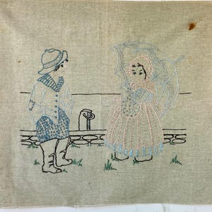 19x17 Vintage / Antique hand embroidered pillow fabric children's  baby room nursery handmade unique textile wall art baby shower gift idea