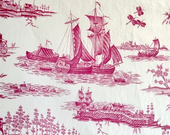 45x81 Vintage WIDE toile de Jouy pink sailboat figural fabric material for repurposing upholstery curtains pillows