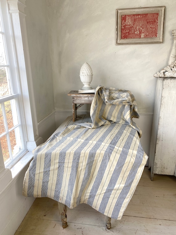 Small Mattress Cover Rustic French Ticking Blue and Beige