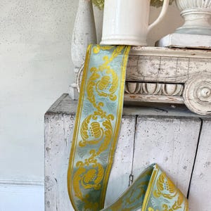3 yards floral vieilli en soie damassé bleu/sarcelle d'or oreillers bordure tissée décor de style campagnard français tissu tissu patine
