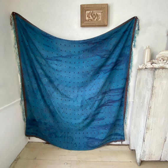 Antique French silk shawl Blue AMAZING printed fa… - image 1