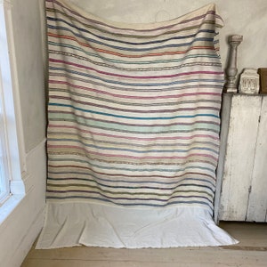 May include: A white woven throw blanket with colorful stripes in shades of pink, blue, green, and brown. The blanket has a white cotton ruffle around the bottom edge.