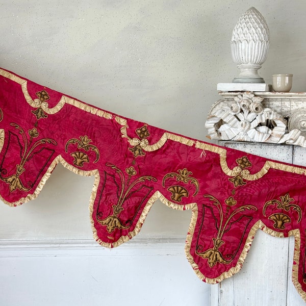 77x 19 French Antique valance silk damask 1870 Arts and crafts red applique interlined textile