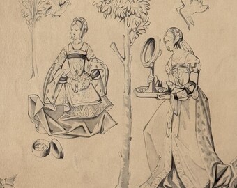 May include: A black and white sketch depicting two figures in period clothing, possibly from the Renaissance era. One figure is seated, the other is kneeling, holding a mirror. Trees and birds are also sketched in the background, creating a historical scene.