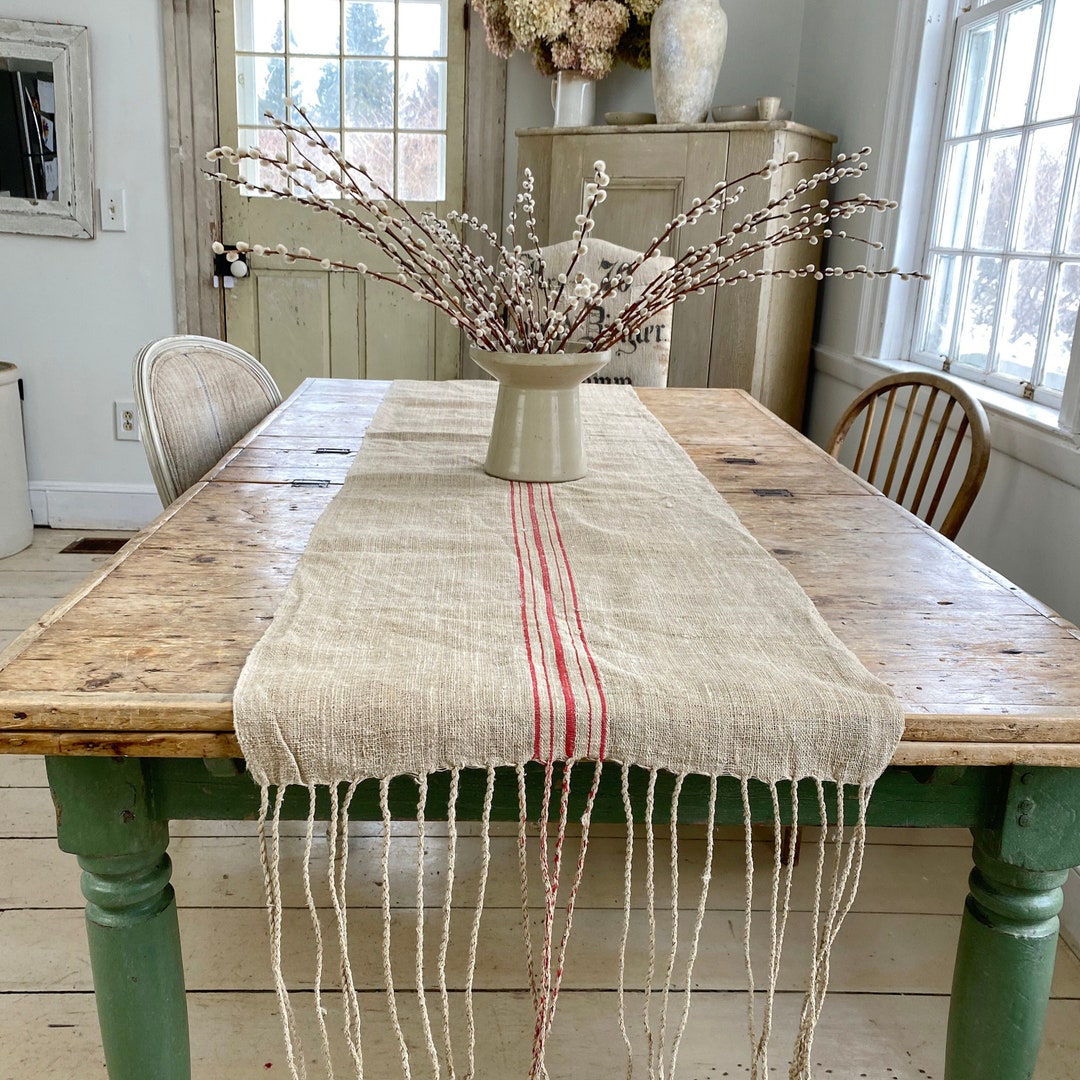 Modern Farmhouse Table Runner Hemp Hand Woven Red Stripe LOOM TIES