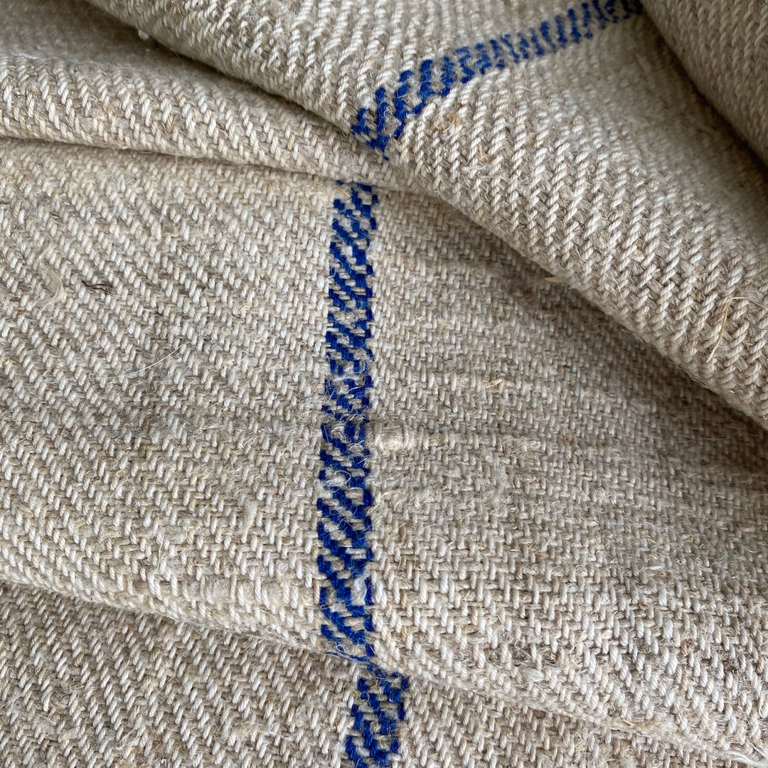 Rustic Blue Stripe Stair Runner Heavy Hemp Grain Sack Fabric By The 