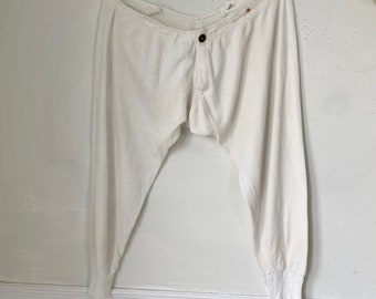 French Antique long john's sweat pants old workout wear white knitted pants wooden button with mends 40 42 inch waist