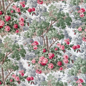 May include: A repeating pattern of pink and white roses on a light grey background. The roses are surrounded by green leaves and branches. The pattern is reminiscent of a vintage floral wallpaper.