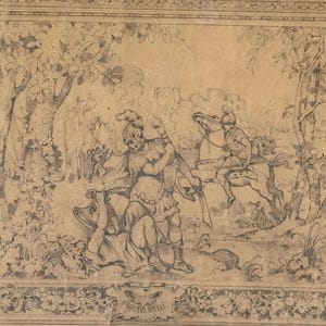 Op de afbeelding: Een gedetailleerde potloodtekening op verouderd papier toont een klassieke scène met figuren, een paard en een gebouw op de achtergrond. Het kunstwerk bevat ingewikkelde details, waaronder bloemenranden en de inscriptie "FRUCTUS BELLE". Het nummer "304" is eronder handgeschreven.
