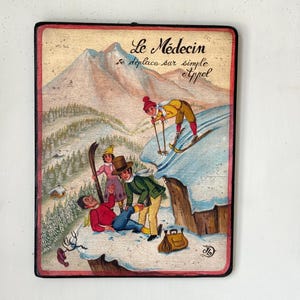 French Hand Painted Wood Sign painting oil Ski Vintage Humor Wall Art Handmade Chalet Decor Alps Medical Cabin Lodge rustic hanging eclectic