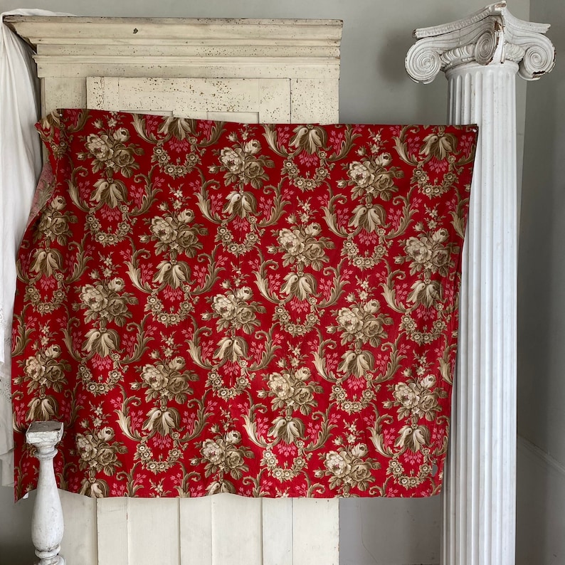 Rococo 1860 Antique French Fabric RED Roller Printed Cotton for Pillows ...