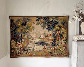 6.1ftx4.3ft French tapestry wall art Robert Four  verdure landscape birds castle antique of the future woven vintage textile hanging large