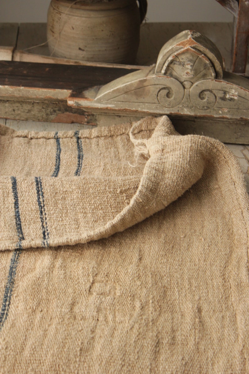 Grain Sack Linen Blue Indigo stripes Fabric Feedsack Rustic Grainsack Vintage bag hemp striped textile European washed Fabric