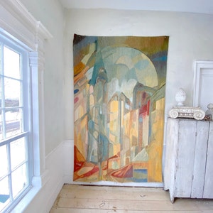 French vintage Modern Art Tapestry wall hanging mural carpet handwoven Aubusson style Tryptic Expressionism  Textile Trunk eco-friendly