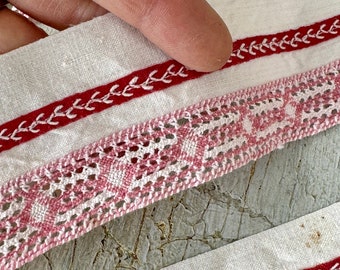 3 pieces linen handmade trim 1900 red lace embroidered embroidery linen pink