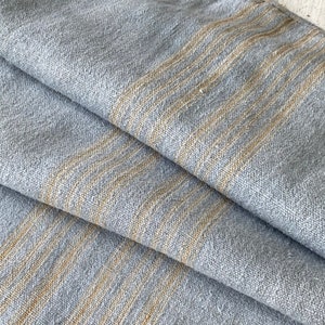 Blue Tan Stripe Sack Grainsack Upcycled Eco-friendly Farmhouse country cottage style The Textile Trunk Coastal home  eco-friendly