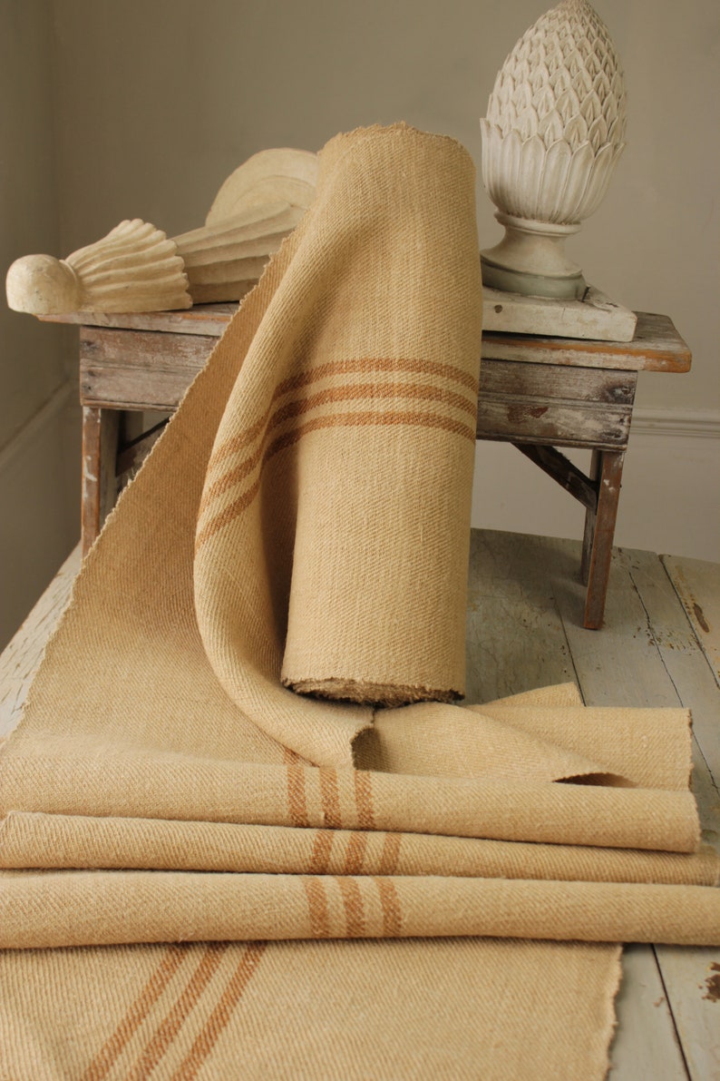 Grain sack Fabric Antique homespun linen caramel striped hemp by the yard