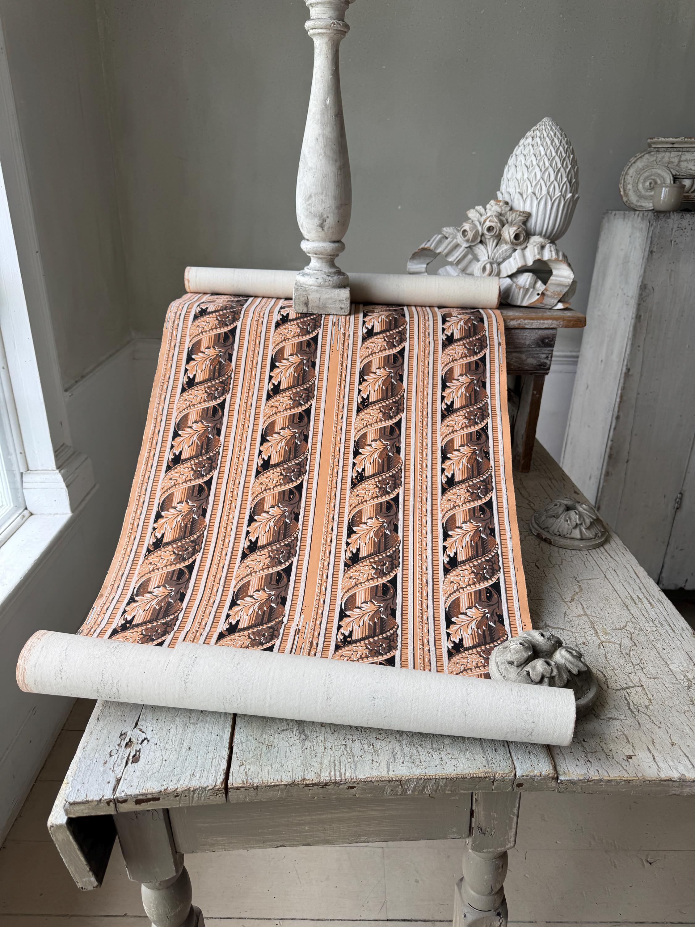 5.1yd 1900 Antique French Wallpaper Pattern Design Brown Tan Stripe ...