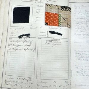May include: A page from a vintage notebook with handwritten notes and calculations. The page is titled "Anzugstoff" and includes a small fabric sample in black and a larger fabric sample with a red, white, and green pattern. The notebook page also includes a table with handwritten entries.