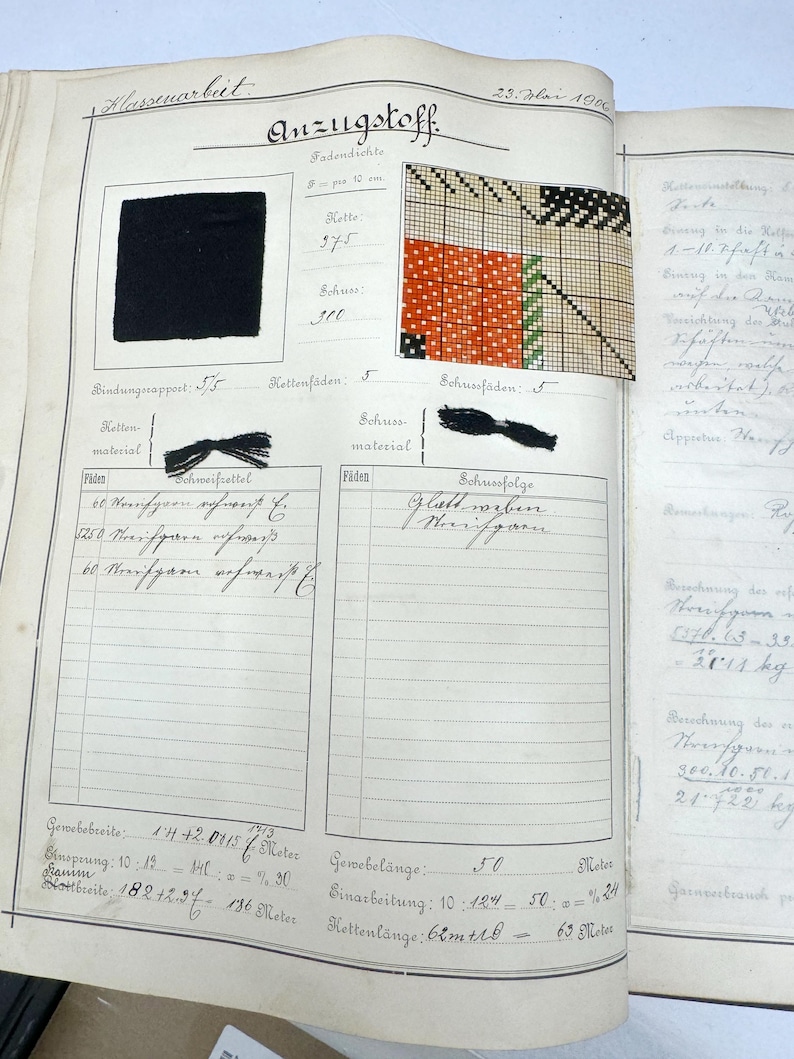 May include: A page from a vintage notebook with handwritten notes and calculations. The page is titled "Anzugstoff" and includes a small fabric sample in black and a larger fabric sample with a red, white, and green pattern. The notebook page also includes a table with handwritten entries.