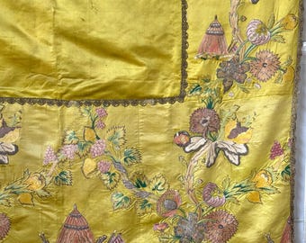 18th century Antique Silk Coverlet Hand Embroidered  Ornamental Tents Metallic Lace Yellow Silk Fabric Chinoiserie Decorative Wall Hanging