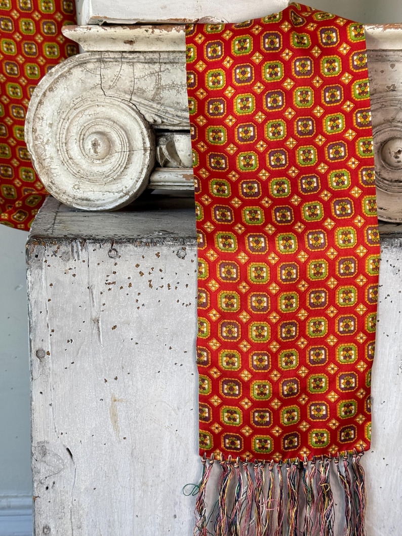 1940's Vintage Men's Opera Scarf Foulard Red Pattern Red Fringed End