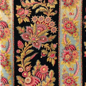 Vibrant 1890 Antique French Cretonne Panel Black Red Gray and Gold Curtain French Floral Fabric Farmhouse Chic The Textile Trunk