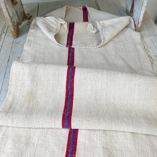 Blue and red striped grain sack grainsack linen fabric antique feed sack stripes vintage bag hemp textile European washed shops The Textile Trunk