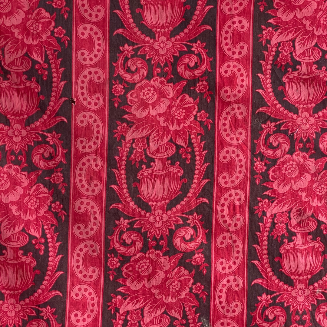 Authentic Rococo Textiles Rococo 1860 Antique French Fabric Red Black Roller Printed Cotton for ...