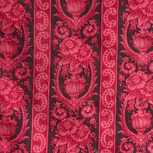 Rococó 1860 Tecido francês antigo vermelho preto rolo impresso algodão para travesseiros, tecido vitoriano ecológico