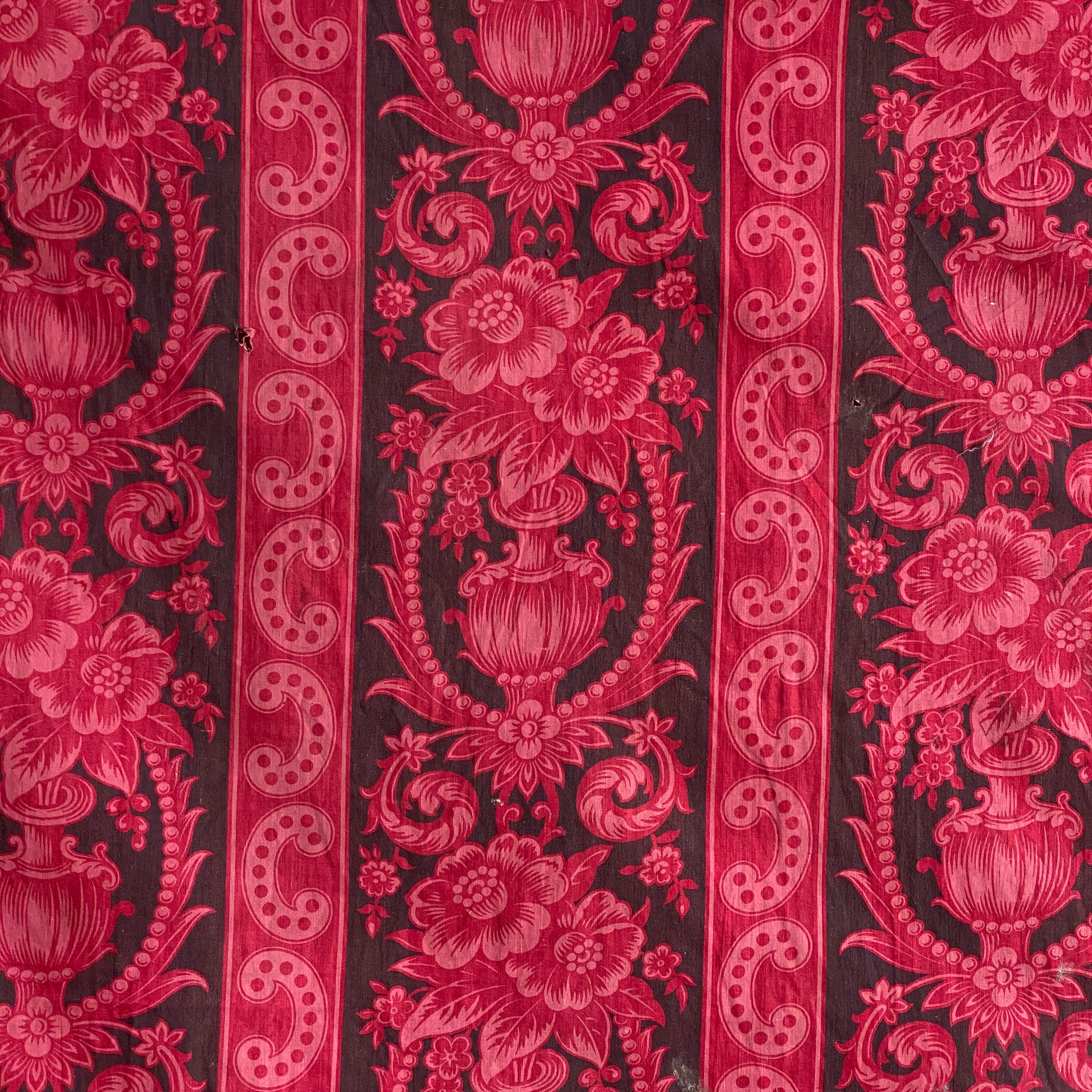 Rococo 1860 Antique French Fabric Red Black Roller Printed Cotton