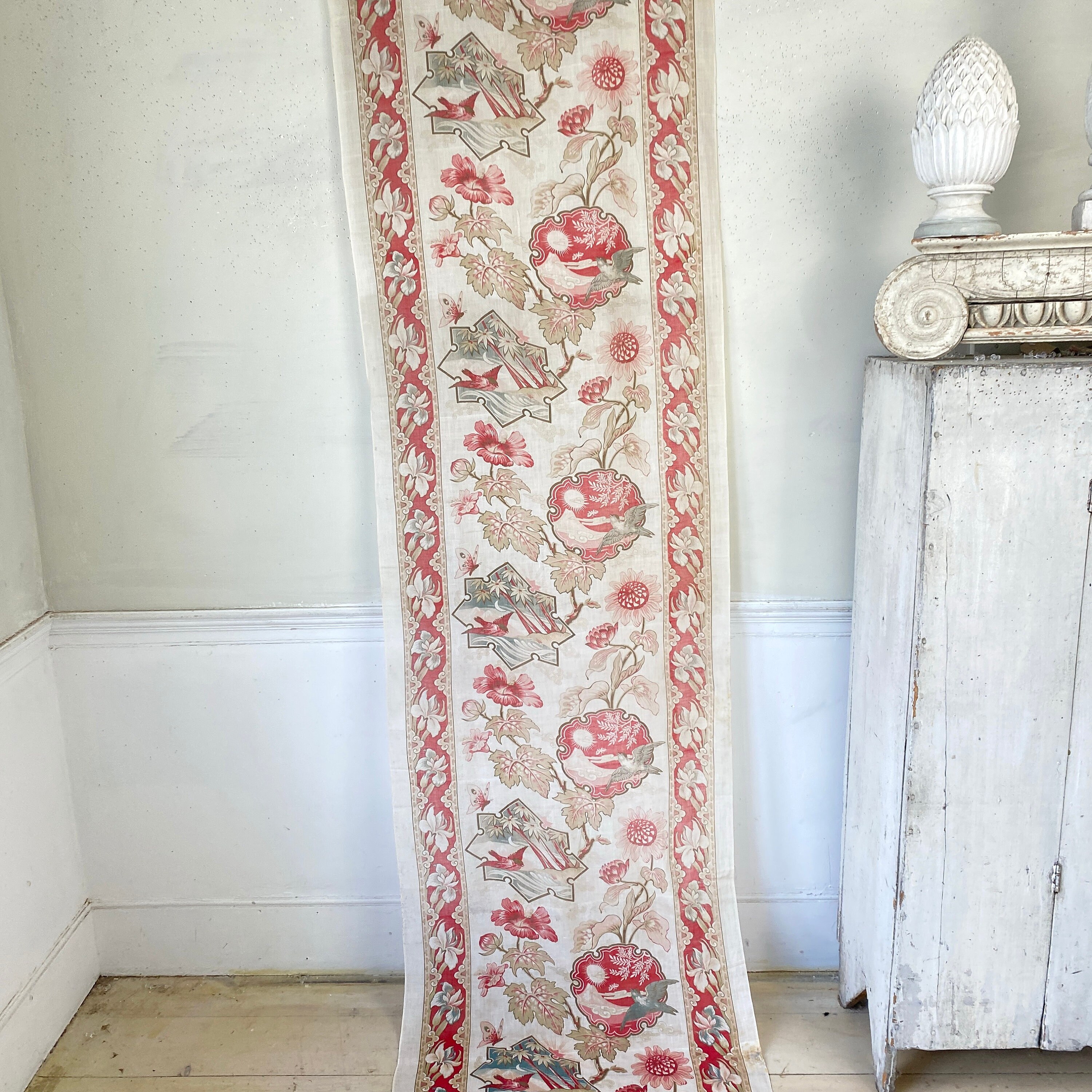 94X 25 Antique French 1900s Japonisme Design Fabric Faded to