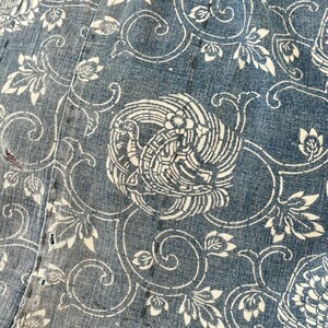 May include: Close-up of a blue fabric with a white floral pattern. The pattern features stylized flowers and birds.