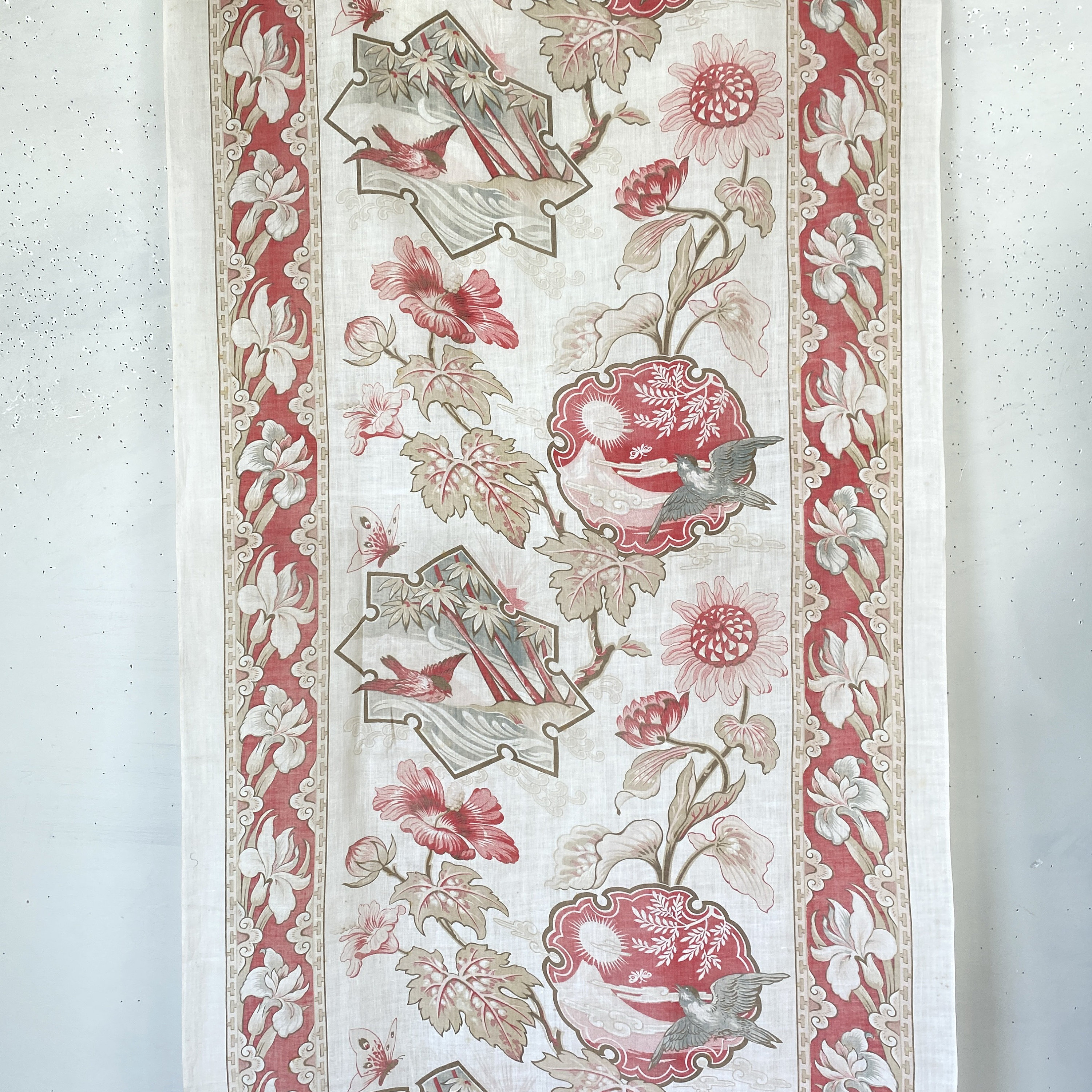 94X 25 Antique French 1900s Japonisme Design Fabric Faded to