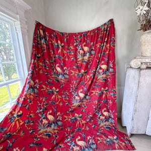 83x97 Antique French Curtain Crane Bird Botanical Print Chintz Fabric Lined Vintage Drapery Unique Wall Art Handmade Ecofriendly Upcycled