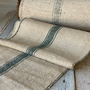 Stair Runner Heavy Hemp Grain Sack Fabric by the yard with Green Stripes herringbone Weave Antique Linen image 1