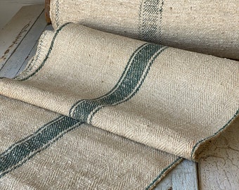 Stair Runner Heavy Hemp Grain Sack Fabric by the yard with Green Stripes herringbone Weave Antique Linen