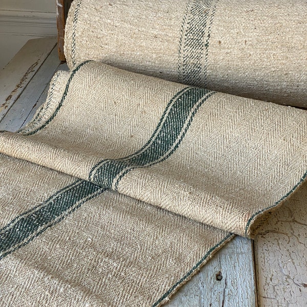 Stair Runner Heavy Hemp Grain Sack Fabric by the yard with Green Stripes herringbone Weave Antique Linen